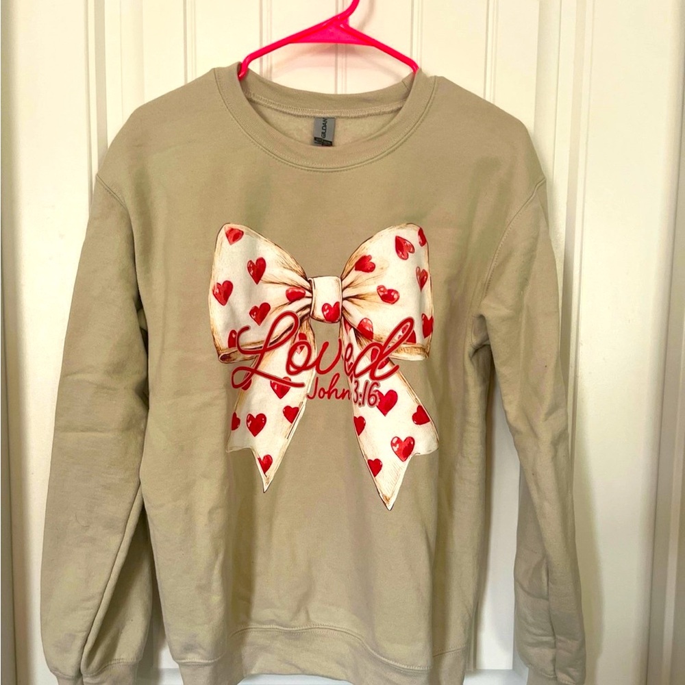 Beige Sweatshirt with Heart Bow Design